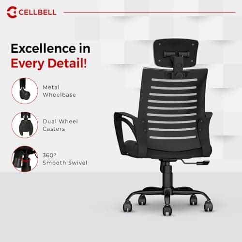 CELLBELL Desire C104 Mesh High Back Ergonomic Office Chair - Adjustable Seat Height, Sturdy Metal Base, Revolving Study & Computer Chair for Work from Home, Grey 4