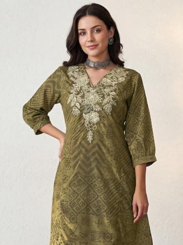 INDO ERA Women's Mustard Cotton Blend Floral Printed Straight Fusion Kurta & Pant with Dupatta Set 2