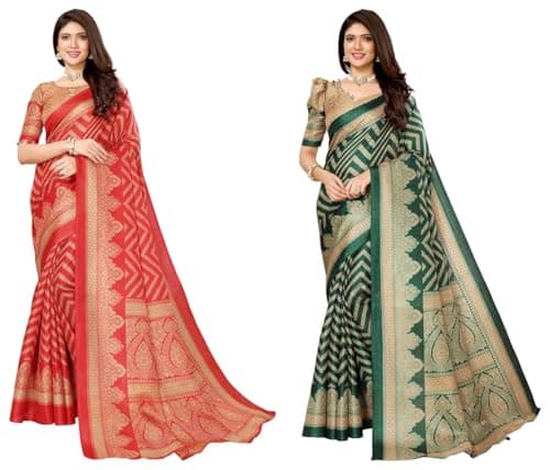 Yashika Women's Woven Printed Art Silk Sarees with Unstitched Blouse Material in Red & Green.