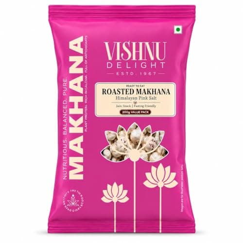 200g Vishnu Delight Roasted Makhana | Ready to Eat Phool Makhana | Himalayan Pink Salt | No Roasting Needed | Jain & Fasting Friendly Snack | Light & Crunchy Roasted Foxnuts- Pack of 1 2