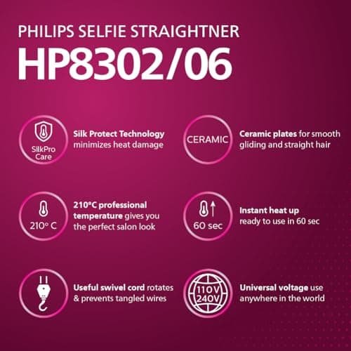 Philips India's No.1 Hair Styling Brand Selfie Hair Straightener, Minimized Heat Damage,SilkPro Care, Ceramic Plates,Smooth Shiny Straight Hair, 210°C Temp, Salon like Result | For Indian Hair, HP8302 2