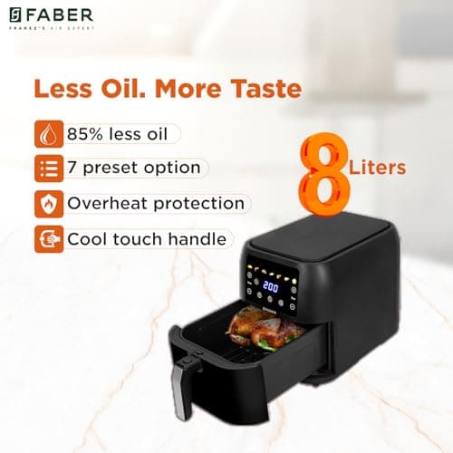 Faber 8 L 1700W Digital Air Fryer | Fry, Bake, Roast | 85% Less Oil, 200°C Swirl Heating Technology | 7-Preset Menu, Touch Control Interface, View Window, Auto Shut-Off | Black 5