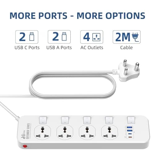 Hoteon 2500W Extension Board with USB Slots, Individual Switch & Safety Shutter, 4 USB Ports(3.4A) 4 Way Outlets Power Strips with Universal Sockets and 2M Extension Cord (3-Pin, White), 250 Volts 2