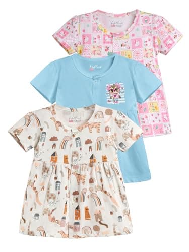 HELLCAT 100% Cotton Baby Frock Dress for Girls - Pack of 3, Soft & Trendy, Short Sleeve (0-18M)_Brown/Sky Blue/Pink_12-18 Months