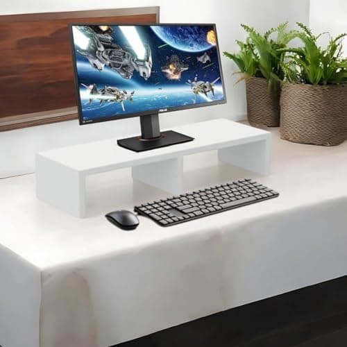 flux Monitor Stand Wooden | Monitor Stand Riser | PC Stand For Desktop Table | , with 3 leg support, Non-Slip | Material: Particle Board Wood | Size: (59.5 cm x 20cm x 12cm) white