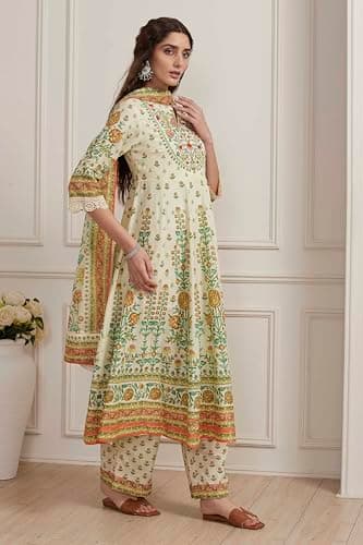 Biba Women Cream-Toned Cotton Printed Kalidar Suit Set_34 5