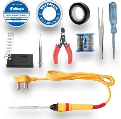 Walkers Beginners 10in1 Mobile Soldering Iron Equipment Tool Machine Combo Kit Set with Flux Paste and Wire 25 W Simple (Flat, Pointed Tip)
