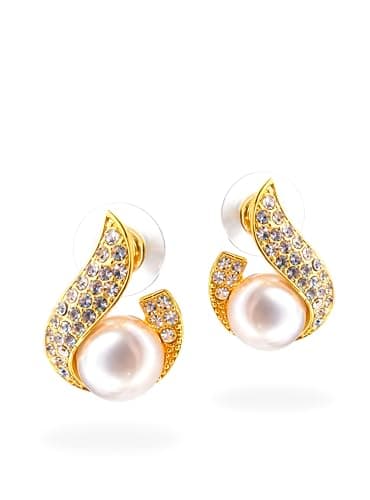 Fancy CZ Diamond Pearl Stud Earrings for Women & Girls Traditional Gold Plated Designer Earrings Cute Trendy Modern Ethnic Daily Wear Rich Look Festive Wedding Party Jewellery Light Skin-Friendly Anti