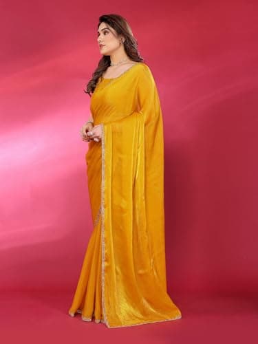 ROOP SUNDARI SAREES Women's Soft Fandy Silk Saree With Hand Work Lace Boarder & Comes With Unstitched Blouse Piece-Mustard_Yellow_Gold 4