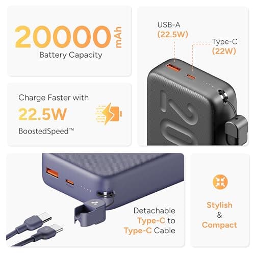Ambrane 20000mAh Powerbank with in-Build Type C Cable, 22.5W Fast Charging, USB & Type C Output, Power Delivery, Quick Charge for iPhone, Android Mobile & Tablets, Earbuds, (Stylo N20, Green) 2
