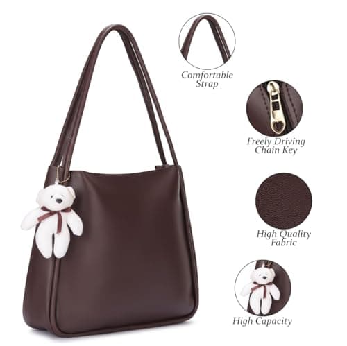 SIJJEEL Women's Handbag Synthetic Leather Shoulder Bag with Bear Charm Tote One Size Women's Shoulder Bag Faux Leather Tote (Brown) 5