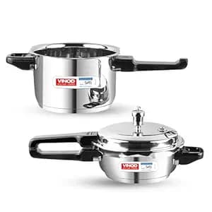Vinod Sandwich Bottom Stainless Steel Pressure Cooker Combo – 3 Litre and 2 Litre with Common Lid, Induction & Gas Compatible, ISI & CE Certified, 2-Year Warranty, Durable Steel Cookware Set