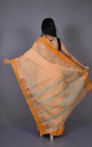 Bengal Looms India -Designer Bengal Tangail Self Nakshi Katha Thread Work Cotton Saree - Ethnic Wear for Wedding, Festive & Party Occasions (Cantaloupe, Brown and Sea Green) 4