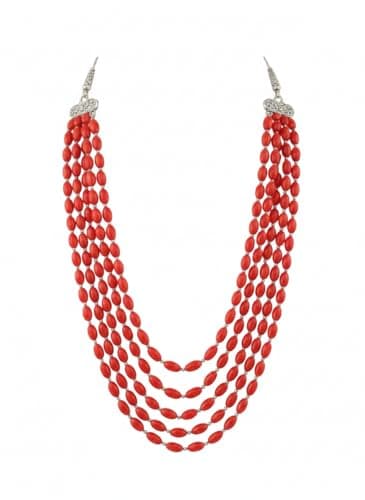 dirix Antique Natural Coral Pink Beads 5 Layer 24 Inch Necklace for Women & Girls | Alloy Layered Statement Jewellery (Red)