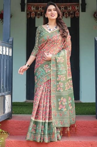 SGF11 Women's Cotton Linen Silk Saree With Unstitched Blouse Piece (Pink Green) 6