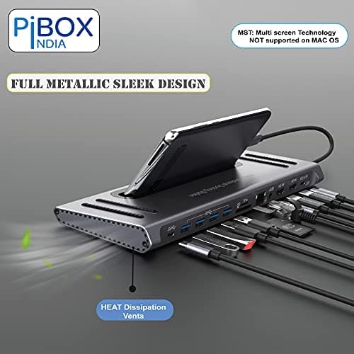 PiBOX India, 12 in 1 USB-C Docking station MST Heat Vents 2*HDMI 4K, 2*USB-C, 4*USB 3.0, Gigabit port, SD/TF Card Readers and 3.5mm Audio for MacBook/Pro/Air, iPad Pro, Laptops, Mobile Phones(Platinum 4