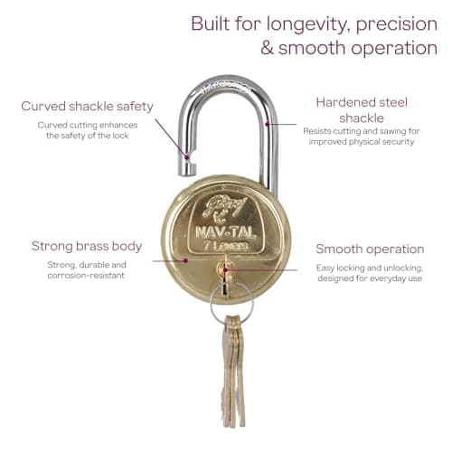 Godrej Padlock | Navtal 7 Lever with 21mm Shut Height | 65mm | Heavy Duty Brass Lock with Hardened Steel Shackle | 4 Keys | for Main Doors, Gates, Shutters, Lockers & Warehouses | 1 Yr Warranty 5