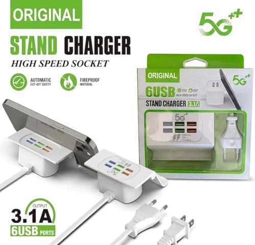 6 Port USB Charging Station with Mobile Stand, 3.1A Multi-Port Desktop Wall Charger Hub, Fast Charging Power Adapter for Multiple Devices, Smartphones, Tablets, and Power Banks – White (6 Ports) 2