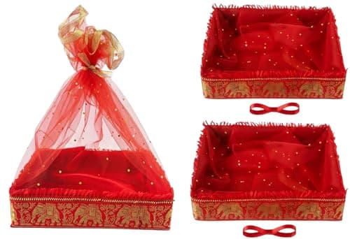LIELA Decorative gift basket square 10"x10"x3" set of 3 for Diwali, Rakhi, Wedding, Navratri, pooja etc. pack variety of items waffers, chips, namkeen, juices, fruits, sweet etc. Premium Gift Hamper.
