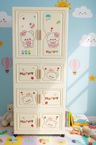 EXVITO Plastic Wardrobe for Cloth with Drawers & Hanging Rod | Baby Cupboard for Clothes Storage | Foldable Collapsible Plastic Almirah for Kids | Cartoon Design Cabinet for Bedroom - Butter Bear 3