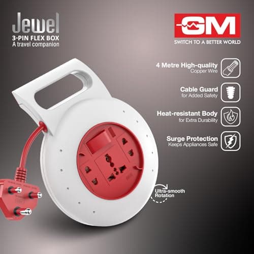 GM Jewel 3046 – 3‑Socket 3‑Pin Flex Box, 4 m Heavy‑Duty Cord with Handle, LED Indicator & Safety Shutters 5