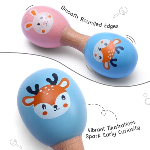 Intellibaby Wooden Dumbbell Handheld Rattle for Babies, Non-Toxic & Smooth Finish Baby Rattle Toy, Sensory & Motor Skill Infant Toy, Animal Print Infant Toy for 0+ Months, Ideal Gift for Baby Boys & G 4