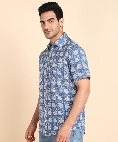 BLOCKS OF INDIA Men Cotton Regular Fit Hand Block Print Half Sleeves Summer Shirt (Medium, Color_3), Blue 3