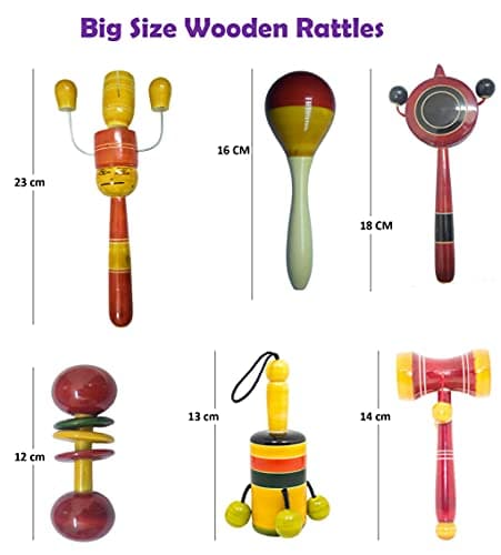 WudCraft Wooden Baby Rattles Combo Pack Set of 6, Non Toxic Channapatna Toys - Baby Musical Toys, Teether, Natural Colours, Loud Sound for New Born, Baby, Infants. 3