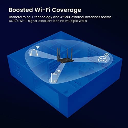 Tenda AC10 AC1200 Wireless Smart Dual-Band Gigabit WiFi Router, MU-MIMO, 4 Gigabit Ports, 867Mbps/5 GHz+ 300Mbps /2.4GHz, Support VPN Server, WiFi Schedule, (Black, Not a Modem) 4