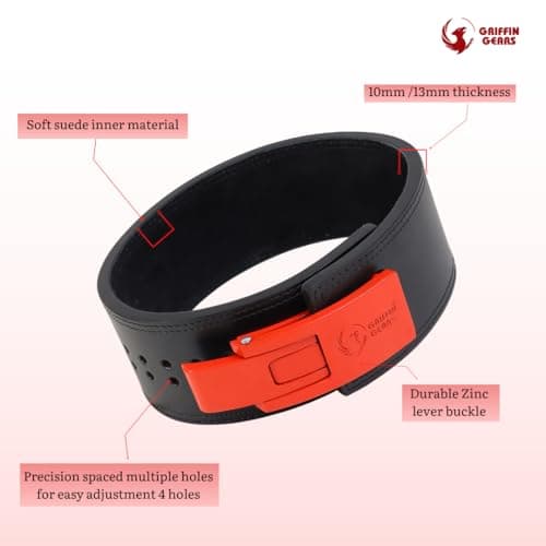 Griffin Gears® 10mm Lever Belt – Black Leather Weightlifting Belt with Red Buckle – Powerlifting Gym Belt for Men & Women – Heavy-Duty - Men & Women (Black Belt Red Buckle, M) 3