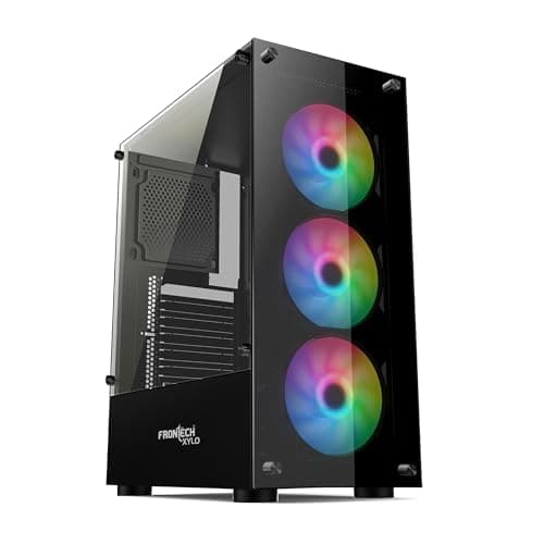 FRONTECH Xylo Gaming Computer Cabinet with HD Audio | ATX Compatible with Tampered Glass Side Panel and Bottom SMPS Dock | 3x120 mm RGB Fan with Dust Filter, USB 3.0, 2xUSB 1.1 (FT4285, Black)