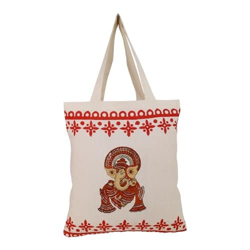 Indha Hand Block-Printed Cotton Tote Bag – Lord Ganesha Motif | Eco-Friendly Reusable Gift & Puja Bag | Handmade by Women Artisans in India | Sustainable Canvas Tote