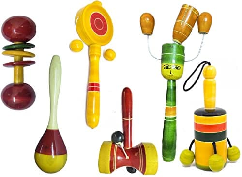 WudCraft Wooden Baby Rattles Combo Pack Set of 6, Non Toxic Channapatna Toys - Baby Musical Toys, Teether, Natural Colours, Loud Sound for New Born, Baby, Infants.