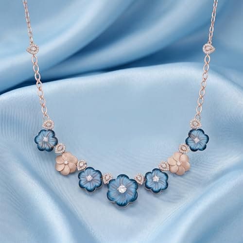 VEDA SILVER| Women's Necklace Set in 92.5 Sterling Silver with Blue Enamel and Sparkling Stones| Rose Gold Finish| Includes Matching Earrings| Polished| Waterproof 2