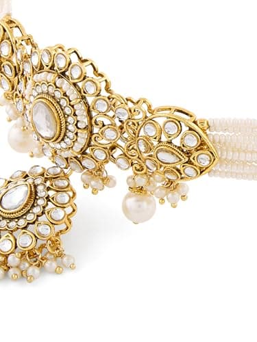 ZAVERI PEARLS Gold Tone Dazzling Kundan Multistrand Pearls Choker Necklace Earring & Maangtikka Set For Women-ZPFK19087 4