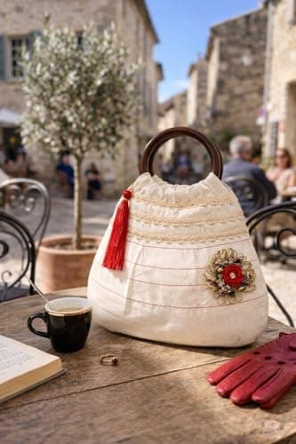 ATHZ Ivora Bloom Handcrafted Cotton Handbag for Women with Wooden Handle, Stylish Indo Fusion Day Bag, Lightweight Casual & Outing Purse with Tassel & Floral Detail (Off white, Red, Brown) 3