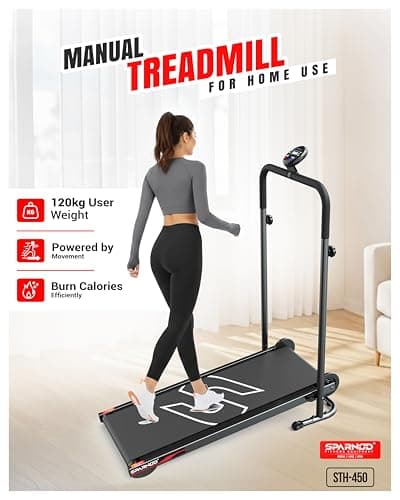 Sparnod Fitness STH-450 Manual Treadmill for Home Use, Adjustable Handle Height & Manual Incline, LCD Display, Compact & Foldable with Wheels, 120 kg Max User Weight, Assembly Required 2