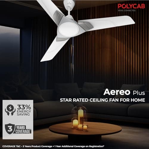 Polycab Aereo Plus Star Rated, 1200mm Ceiling Fan For Home | High Speed & Air Delivery | Saves Up To 33% Electricity, Rust-Proof Blades, 52 Watt | 3-yr Warranty【Pearl White Cloud Grey Silver】 2