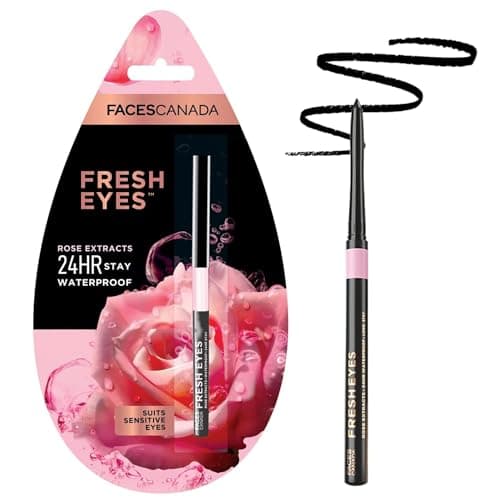 FACESCANADA Fresh Eyes Kajal Stick, 0.35G | With Rose Extracts | 24Hr Waterproof | Suits Sensitive Eyes | Intense Black Matte Finish | Refreshes Tired Eyes | Gentle | Smudgeproof | Vegan