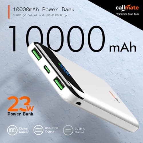 CALLMATE Chargemaster 100 Fast Charing 10000mAh Power Bank, 23W (2X QC3.0 USB Output & Type C PD), Power Delivery, Quick Charge for iPhone, Android & Other Devices (Lithium Polymer) (White) 2