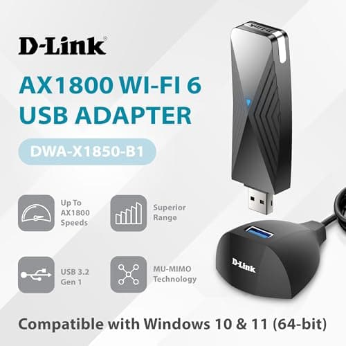 D-Link USB WiFi 6 Adapter AX1800 USB 3.0 Dual Band Long Range MU-MIMO Wireless Internet Network for Desktop PC Laptop Windows (DWA-X1850-B1) Black 2