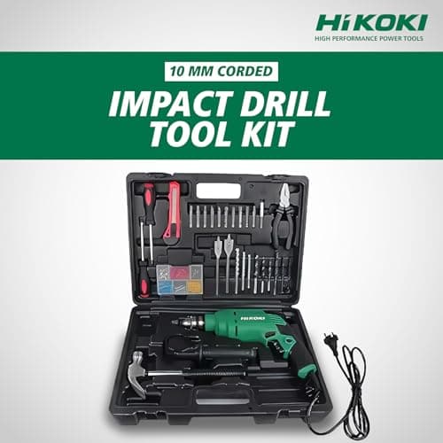 Hikoki Tool Kit(Dv10Vst(Kit) Saz9), 10Mm Corded Impact Drill, 550W, 1.7 Kg, 0-3000 Rpm, 0-48000Bpm, 10Mm Drill Chuck, Robust Design, With 28 Pieces Accessories Included - Black