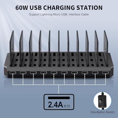WeFly 60W USB Charging Station, 10 Ports Multi Charging Station with Adjustable Dividers and Smart IC, Multiple Device Charger Station for Cell Phones, Tablets, and Other Electronics 2