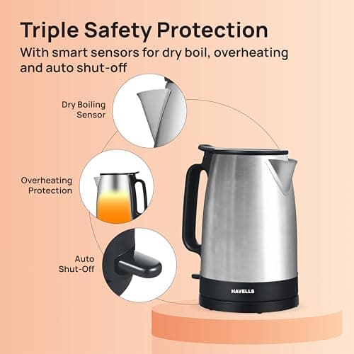 Havells Vesta Electric Kettle | Large 1.7L | 2000 Watts | 360° Cordless Control | Wide Mouth for Easy Use | Triple Safety Protection | Premium SS Body | 1Yr Door Step Warranty by Havells, rust 5