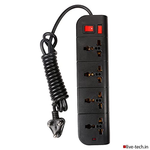 Live Tech PS07 4 Socket Brass Rust Free, 6ft Extension Cord 3 Pin Plug Spike Guard Power Strip Wall Mount (Black) 2