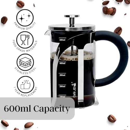 Cafe JEI French Press Coffee and Tea Maker 600ml with 4 Level Filtration System, Heat Resistant Borosilicate Glass, (Steel, 600ml) 2