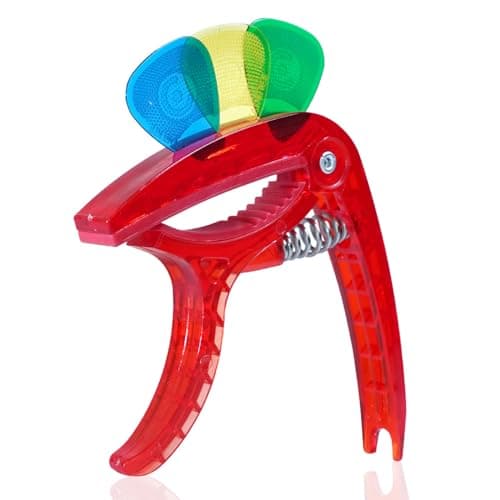 Kadence CAP-SCP Jamming Series Guitar Capo | Comes With Phosphor Bronze Strings & 10 Picks | Fits Acoustic, Electric & Ukulele | Red 2
