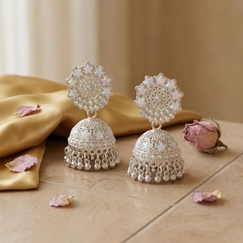 NeishasNest Jhumka Earrings, Oxidized Silver, Traditional Ethnic Temple Style, Crystal Stones, Post Back Closure, Festive & Wedding 4