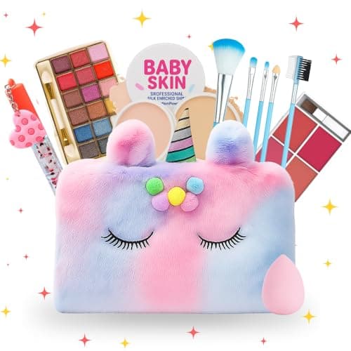 Real Makeup Kit for Girls & Teens –15-Piece Safe & Washable Cosmetic Set with Rainbow Fur Bag – Non-Toxic Beauty Gift for Ages 7–16, Includes Brushes, Lip Gloss, Blush & More
