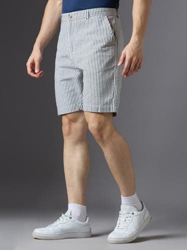 Ink India Company Men Striped Regular Fit Flat-Front Linen Shorts (in, Alpha, M, Regular, Blue Striper) 3